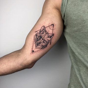 Tatuaż wilk w geometrycznym stylu na bicepsie mężczyzny