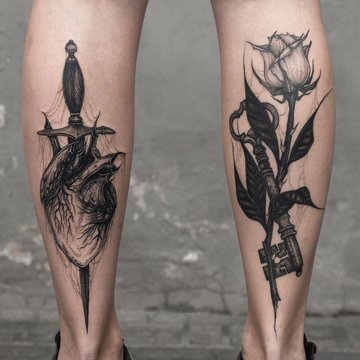 Tatuaże męskie na łydkach z motywem serca z sztyletem i róży z kluczem