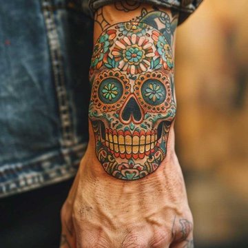 Tatuaż na nadgarstku męski z kolorową czaszką w stylu meksykańskim