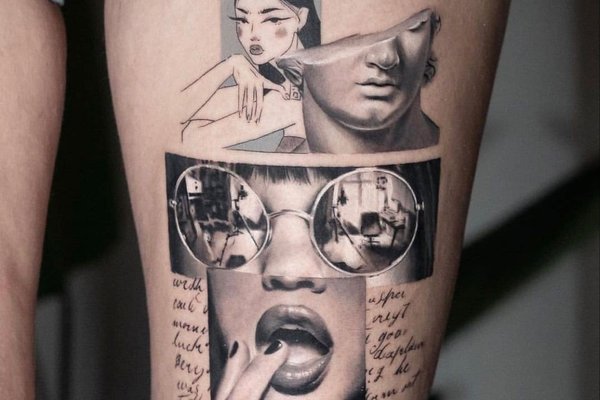 Tatuaż na udzie męski - kolaż w stylu surrealistycznym z portretami i tekstem