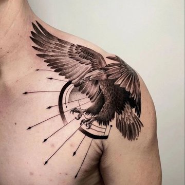 Tatuaż na barku męski – orzeł w locie w stylu dotwork i geometrycznym