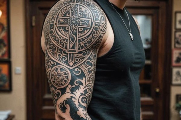 Tatuaż na ramieniu męski z celtyckim wzorem i krzyżem