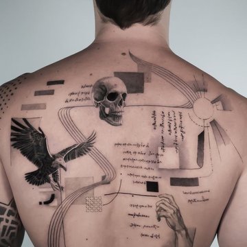 Tatuaż męski na plecach czaszka kruk  abstrakcyjne
