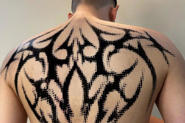 Tatuaż męski na plecach  geometryczny tribal blackwork